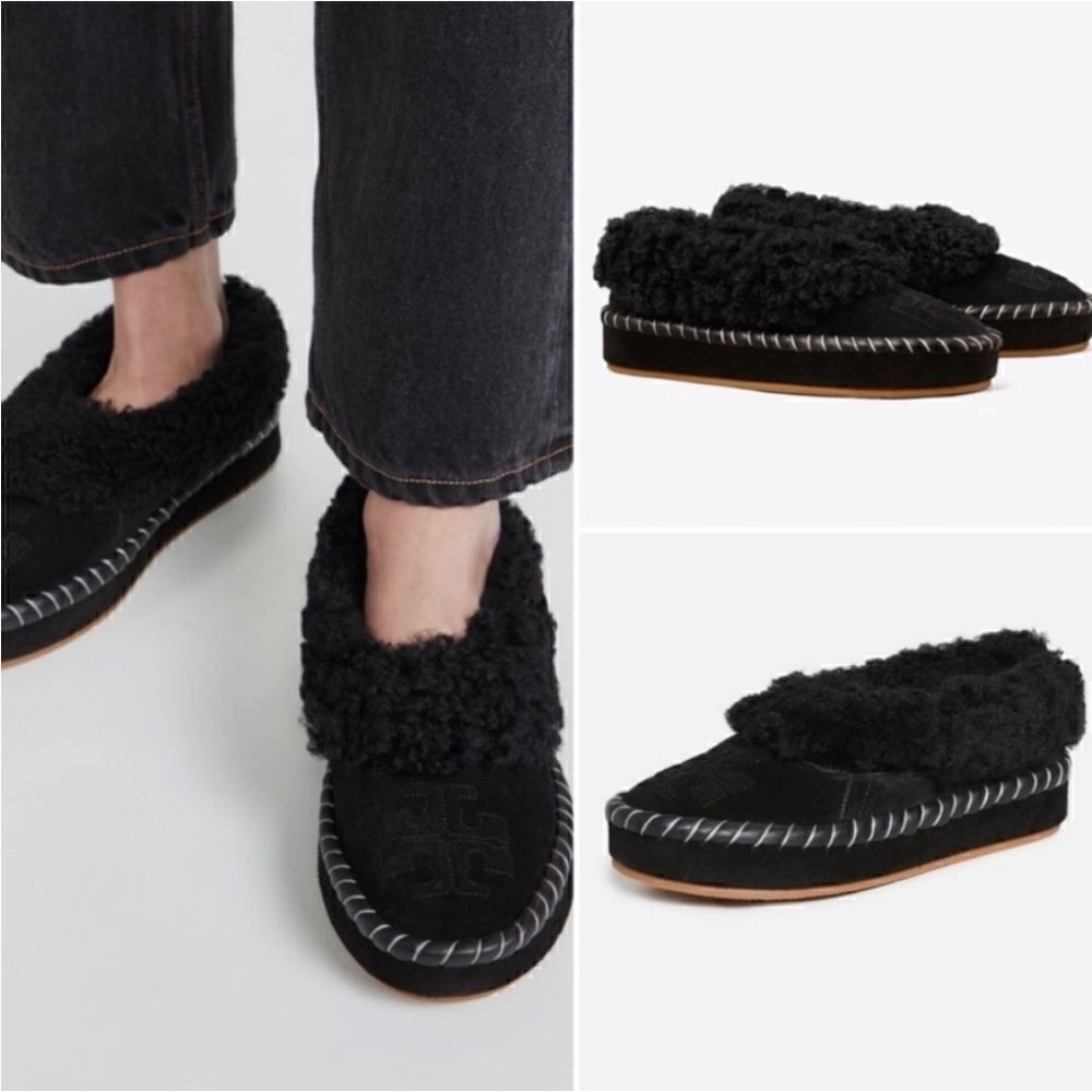 TORY BURCH SHEARLING SLIPPERS BLACK 6.5